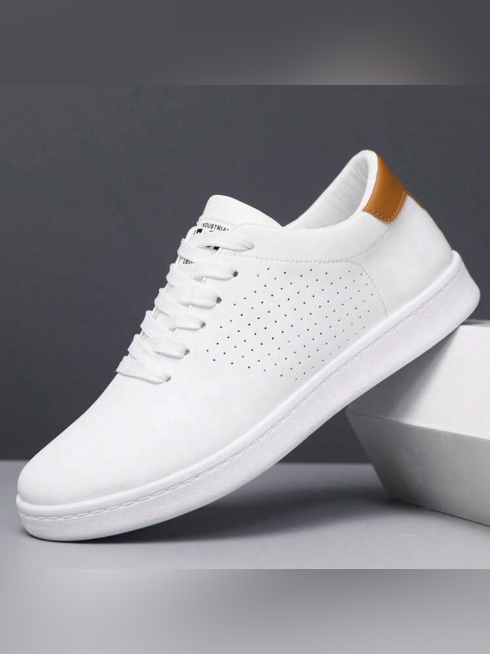 White Men's Casual Sneakers with Tan Heel Accent - Picture 2 of 3